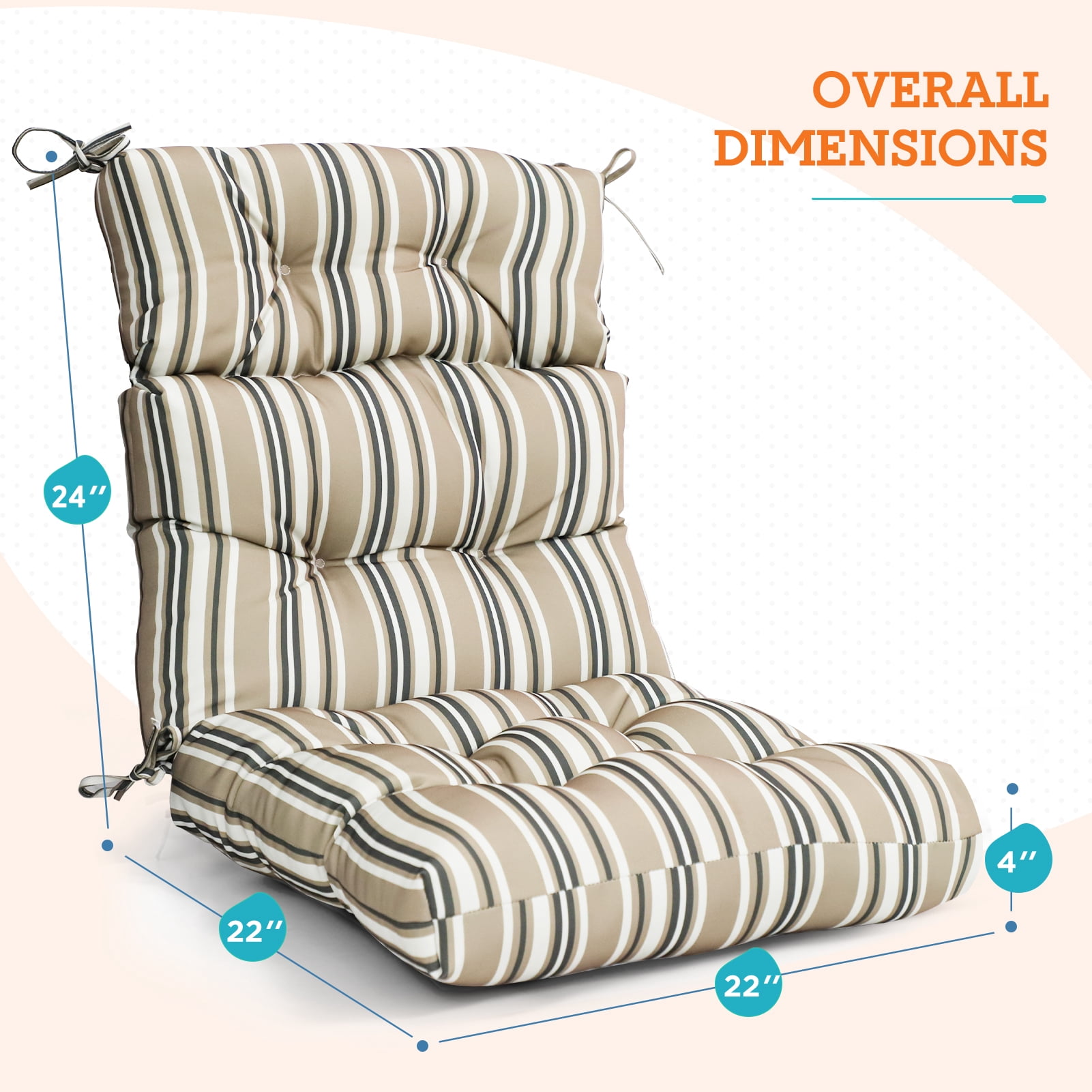 EAGLE PEAK Tufted Outdoor/Indoor High Back Patio Chair Cushions, Set of 2, 46" x 22'', Beige Stripes