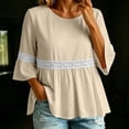 thumbnail image 7 of Lenpel 3/4 Length Sleeve Womens Tops Cotton Linen Crew Neck Fashion Peplum Blouses Casual Loose Eyelet Lace Patchwork Shirts Fall Clothes, 7 of 7