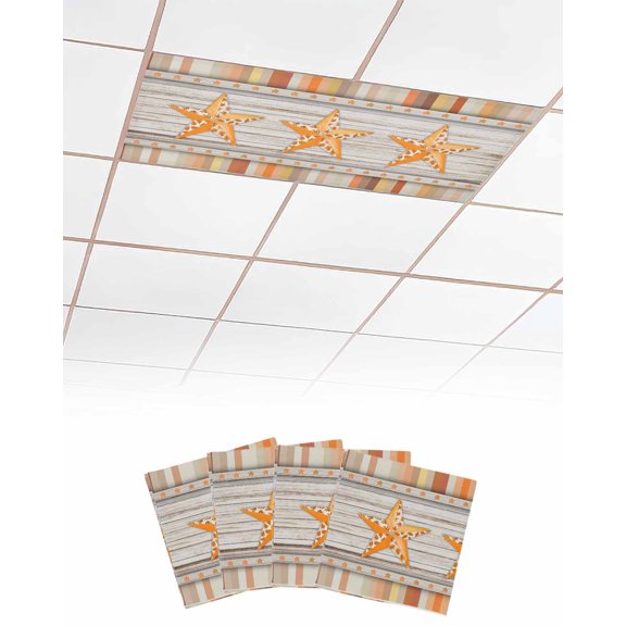 Fluorescent Light Covers for Ceiling Lights 4 Pack, Fall Country Star Magnetic Ceiling Light Covers 2x4ft for Classroom Office School, Vintage Orange Striped Maple Leaf Star Drop Ceiling Light Shade