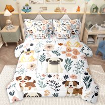 Homewish Kawaii Puppy Dogs 7-Piece Bedding Comforter Set,Rustic Flower King Bedding Sets,White Brown Green Bed Sheets For Girls Boys,Breathable Home Decor Reversible