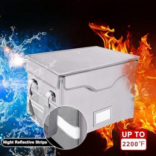 Fireproof Document Box with Lock,File Storage Organizer with Zipper Pockets,Collapsible Portable File Box Home Office Safe Filing Cabinet with Handle for Hanging Letter/Legal Folder,Silver
