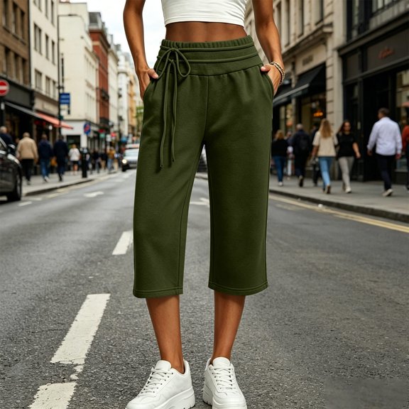 LEKWK Capri Sweatpants for Women Wide Leg Loose Fit Drawstring Casual Track Pants Baggy Elastic Waist Lounge Trousers with Pockets Fall Winter Daily Wear