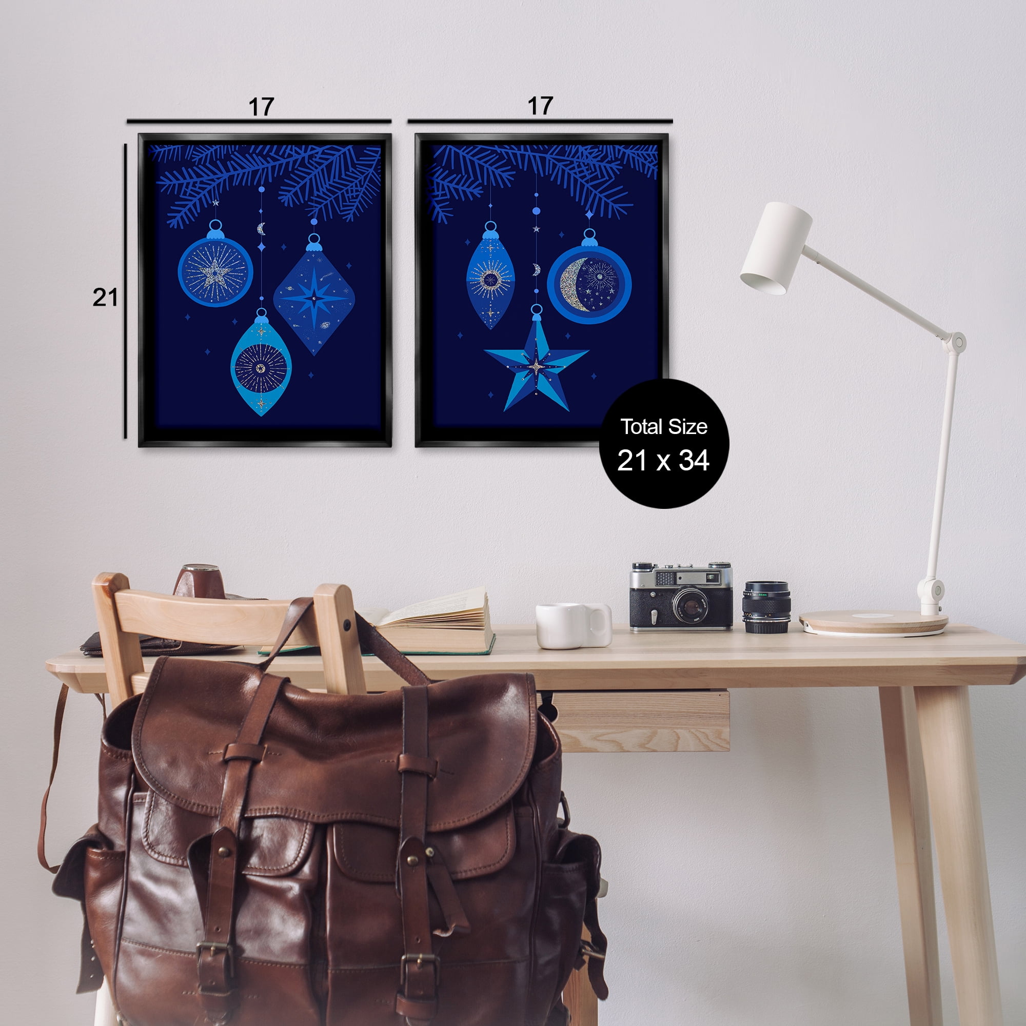 Stupell Industries Vintage Blue Holiday Ornaments Holiday Painting Black Floater Framed Canvas Art Print Wall Art, 17 x 21, Set of 2