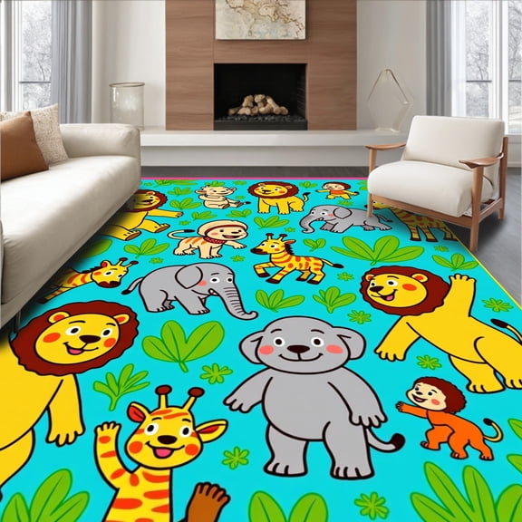 ODIKA 4'x6' Machine Washable Non-Slip Area Rug, Jungle Safari Adventure Play With Exotic Wildlife Illustrations High Traffic Rug, Blue, 681564