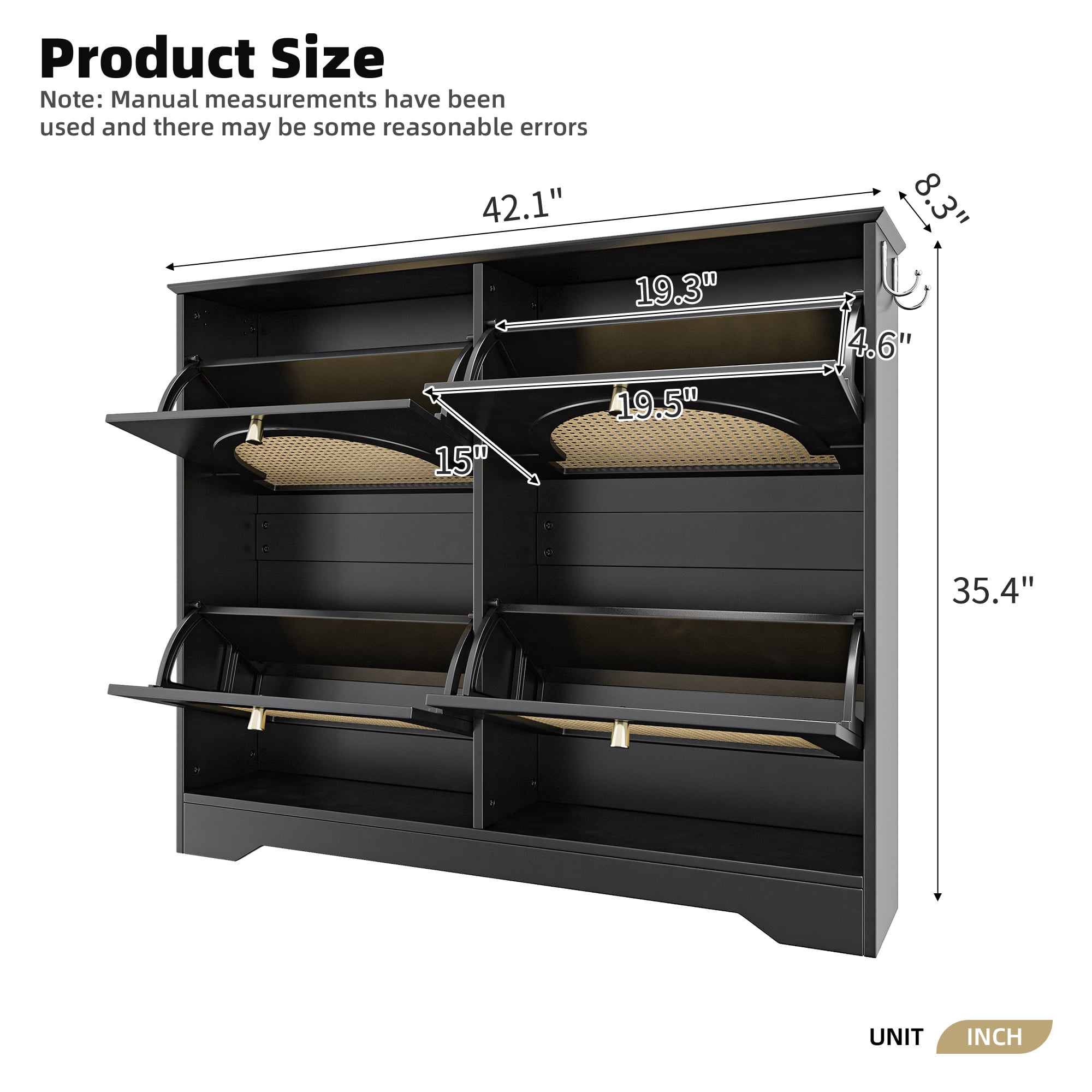 Euroco Mid-Century Rattan Shoe Cabinet with 4 Flip Drawers, Arched Doors, and Side Hooks, Holds up to 12 Pairs of Shoes