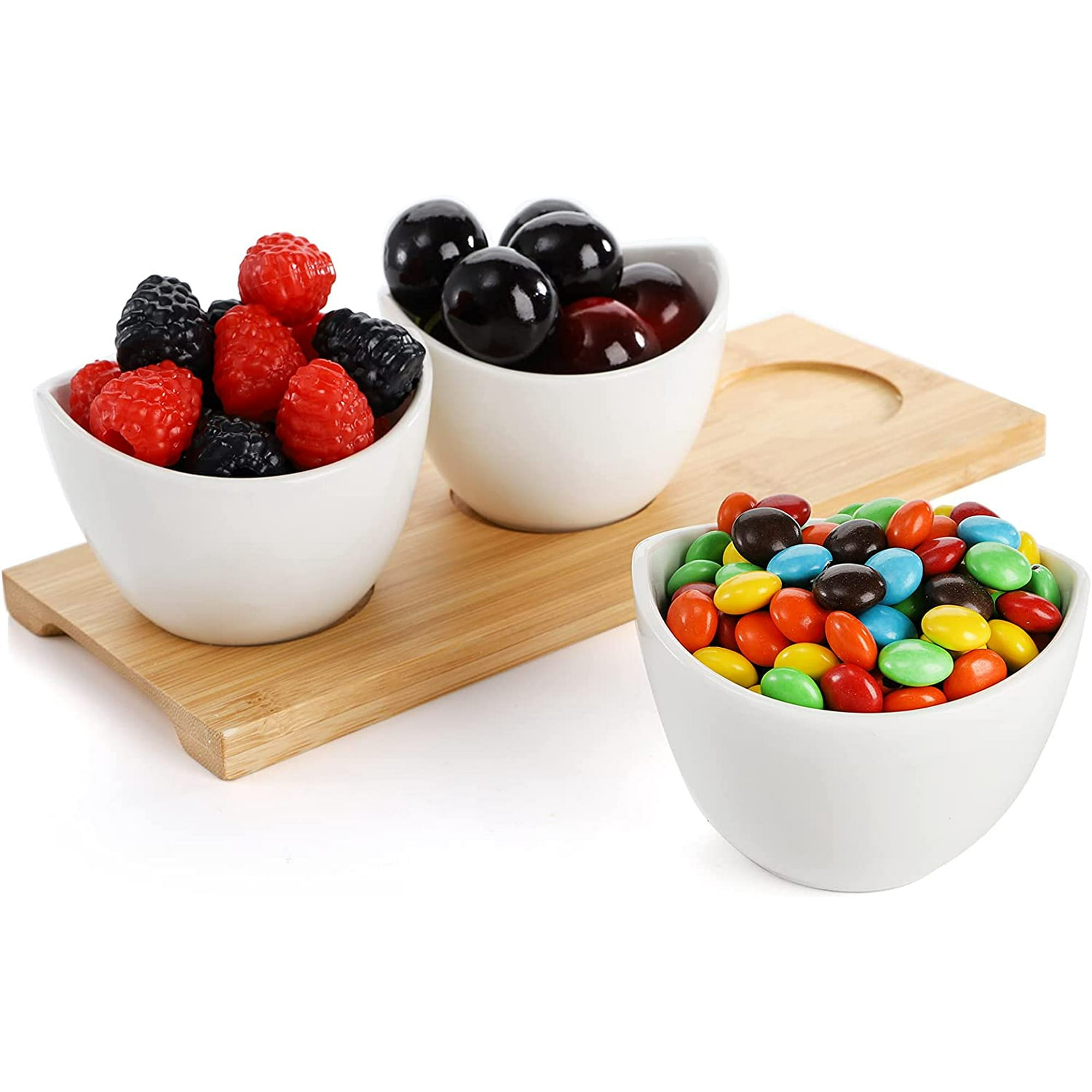 Iguohao Modern Appetizer And Condiment Server Set 3 Ceramic Dip Bowls Serving Dishes With Bamboo Serving Platter For Food Snacks Condiments Appetiz