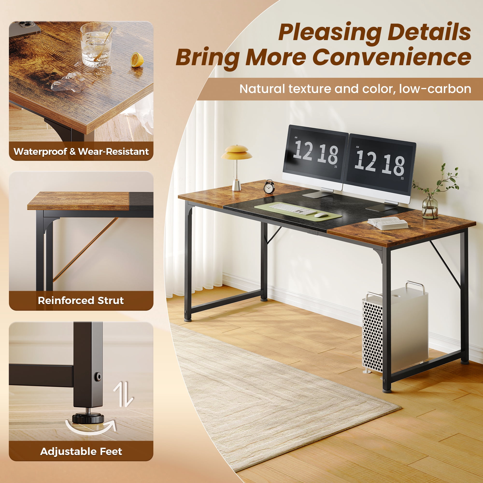63" Computer Desk, Modern Office, Study & Gaming Desk with Storage, Large Legroom, Sturdy Metal Frame