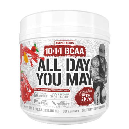 5% Nutrition Rich Piana AllDayYouMay BCAA Powder Supplement, Premium Intra & Post Workout Amino Acids, Hydration, Endurance, Muscle Recovery, Joint & Liver Support 16.9oz 30 Servings (Fruit Punch)