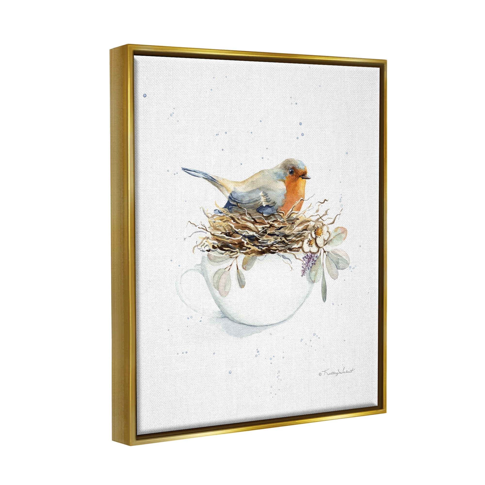 Stupell Industries Bird in Coffee Mug Nest Animals & Insects Painting Gold Floater Framed Art Print Wall Art, 17 x 21