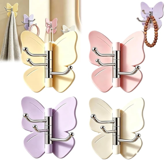 Butterfly Corner Rotating Hook | No-Drill Adhesive Wall Hook, Swivel 3-Prong No Drill Hangers with Adjustable Wings, for Bathroom, Kitchen, Entryway, Bedroom, Towels, Keys