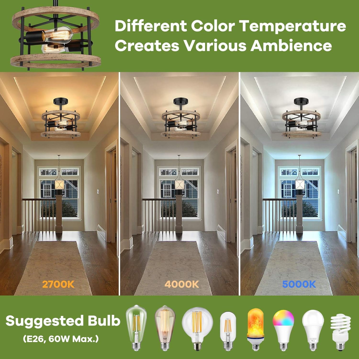 Nordic Hygge 2-Light Rustic Wood Semi Flush Mount Ceiling Light, Vintage Industrial Farmhouse Lamp for Hallway, Bedroom