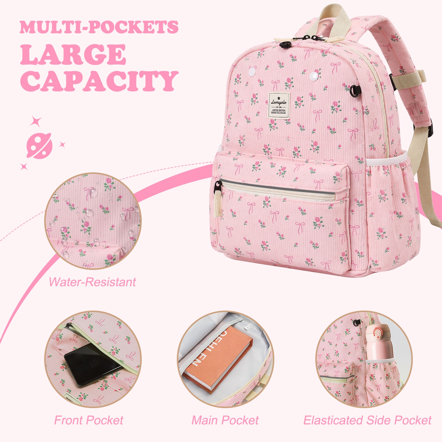 Mochila para niños pequeños de 2 a 5 años, para preescolar, con tira reflectante y anillos en D, ligera, perfecta de pana, regreso a clases, para carpeta de 13.5" 7