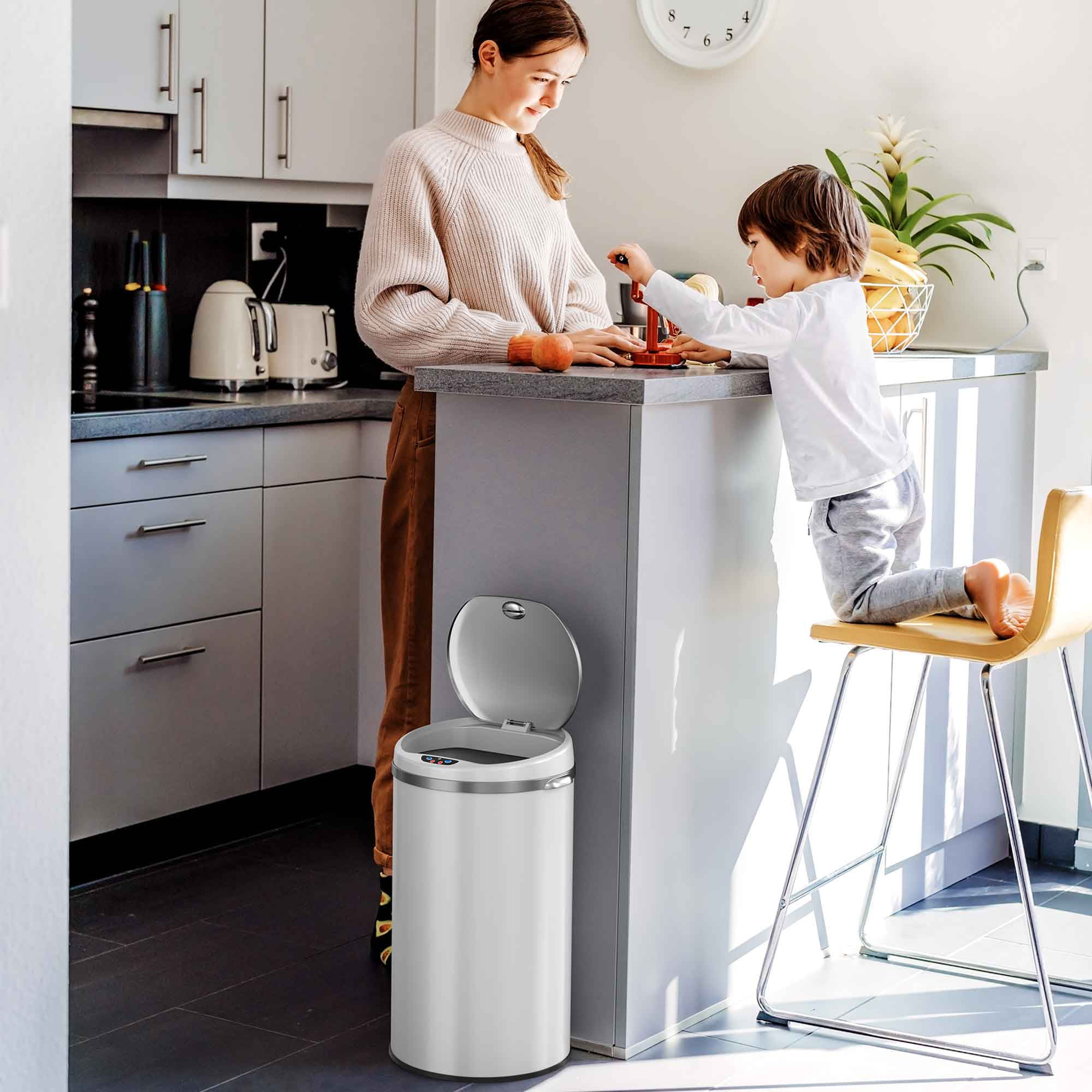 iTouchless 8 Gallon Round Matte White Steel Sensor Trash Can with Deodorizer