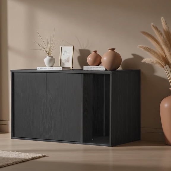 LEDREM Cat Litter Box Enclosure for Large Cats, Superfast Toolless Assembly, Push-to-Open Doors, Black Cat House Furniture