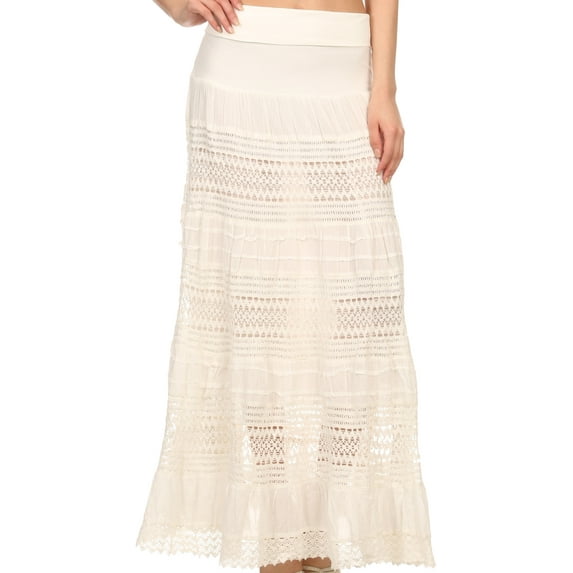 Sakkas March Bohemian Lace Embroidered Skirt With Lining And Foldover Waist - Ivory - X-Large