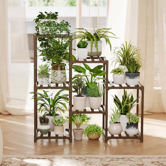 Bamworld Plant Stand Outdoor Black Plant Shelf Indoor Tiered Plant Table for Multiple Plants 3 Tiers 7 Potted Ladder Plant Holder Table Plant Pot Stand for Window Garden Balcony Living Room