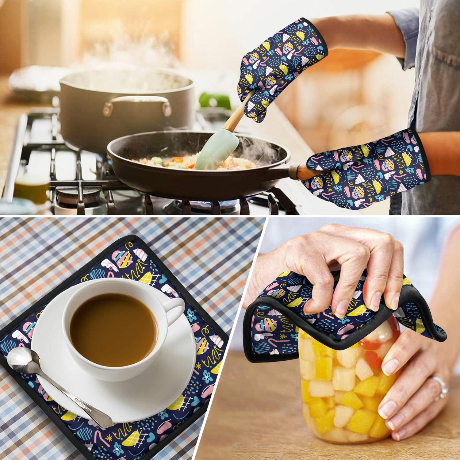 Floral Pattern Oven Mitts and Pot Holders Set Of 4, Heat Resistant Kitchen Gloves with Non-Slip Grip, Hanging Loop, Soft Cotton Lining for Baking, Cooking, Grilling, Barbecue