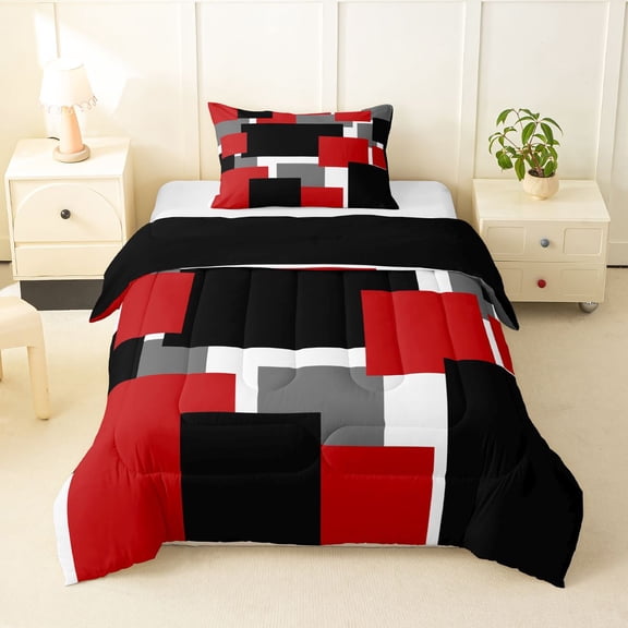 Manfei Abstract Block Twin Comforter Sets, Modern Square Bedding Set, Red Black Gray, Black Reversible 2-Piece, 1 Comforter and 1 Pillowcase