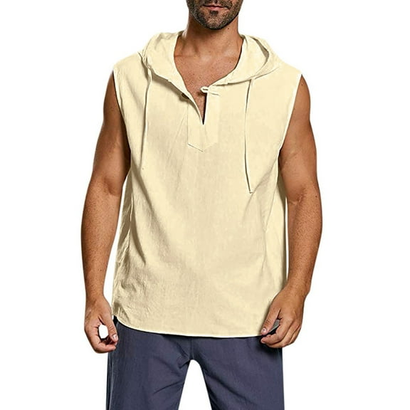 Mens Tank Top Beach Baggy Cotton Linen Solid Button Beach Sleeveless Hooded Shirt Tank Tops Blouses