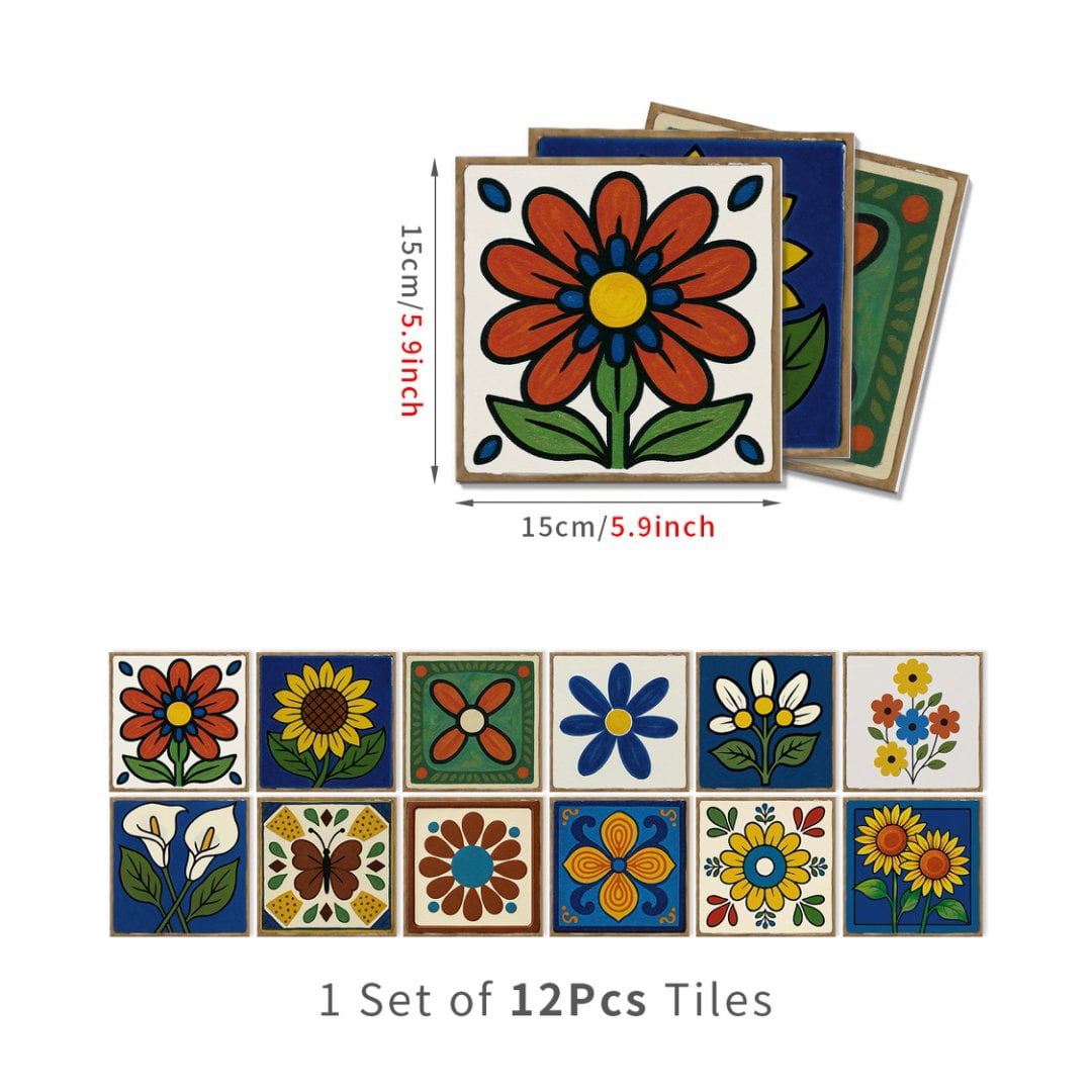 12 Sheet Tile Sticker Waterproof Peel and Stick Backsplash Multicolor Flower Wall Stickers Self-Adhesive DIY Decals 5.9" x 5.9"
