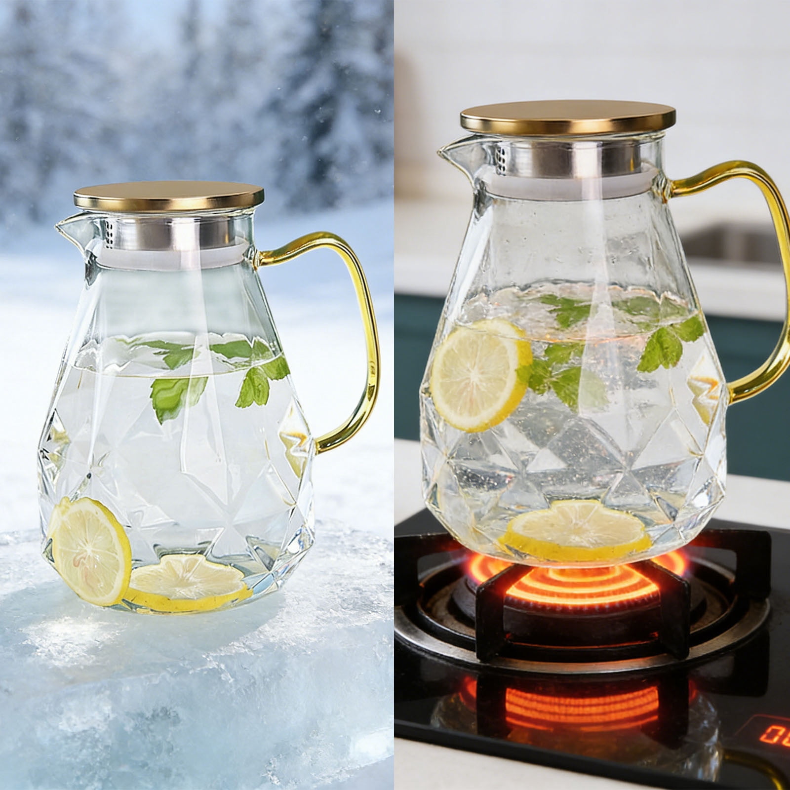 Thickened Large-Capacity Diamond Glass Beverage Pitcher with Stainless Steel Lid, Crystal Clear Glass Water Bottle for Tea Juice, BPA-Free Safe Kitchen Kettle, Durable Home Office Cold Container