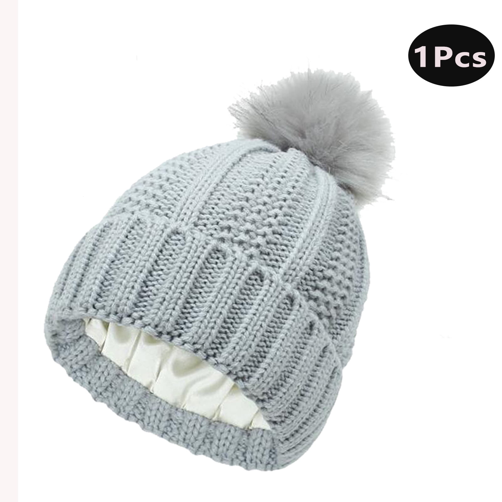 Women\'s Dark Grey Winter Beanie Hat Satin Lined Faux Fur Pom Pom Beanies Hat Fox Fur Pom Beanie with Wool Blend Knit - Sitka Fur Gallery main image 4