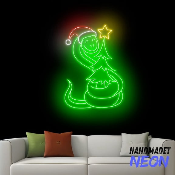 Handmadetneonsign Christmas Snake Neon Sign, Snake Christmas Tree Wall Art, Snake Lover Gifts Home Wall Decor 76304