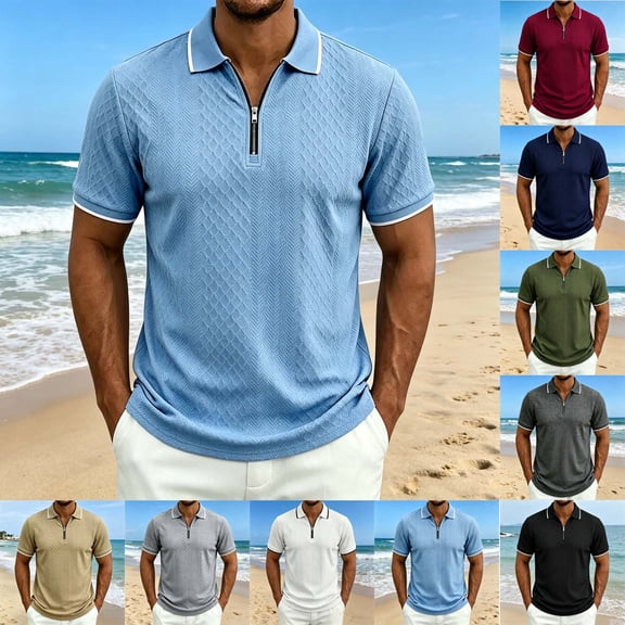 Daiosportswear Men'S Zip Polo Shirts Short Sleeve Lightweight Top Textured Summer Slim Fit Beach Golf Polo Shirts White XL(XL)