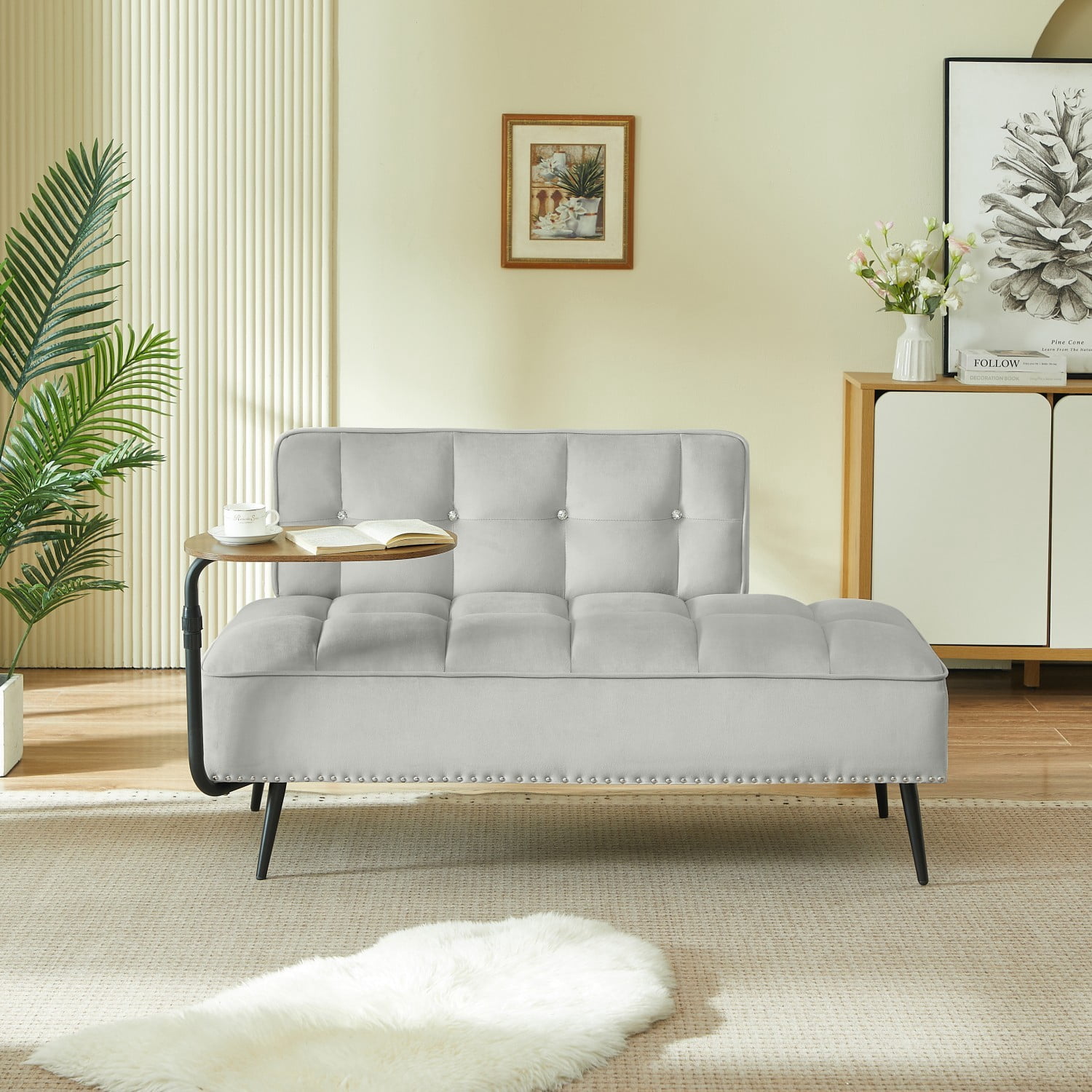 54-Inch Modern 2 Seater Velvet Sofa with 360 Rotating Side Table, Upholstered Couch with Nailhead Trim for Living Room Bedroom Apartment, Gray