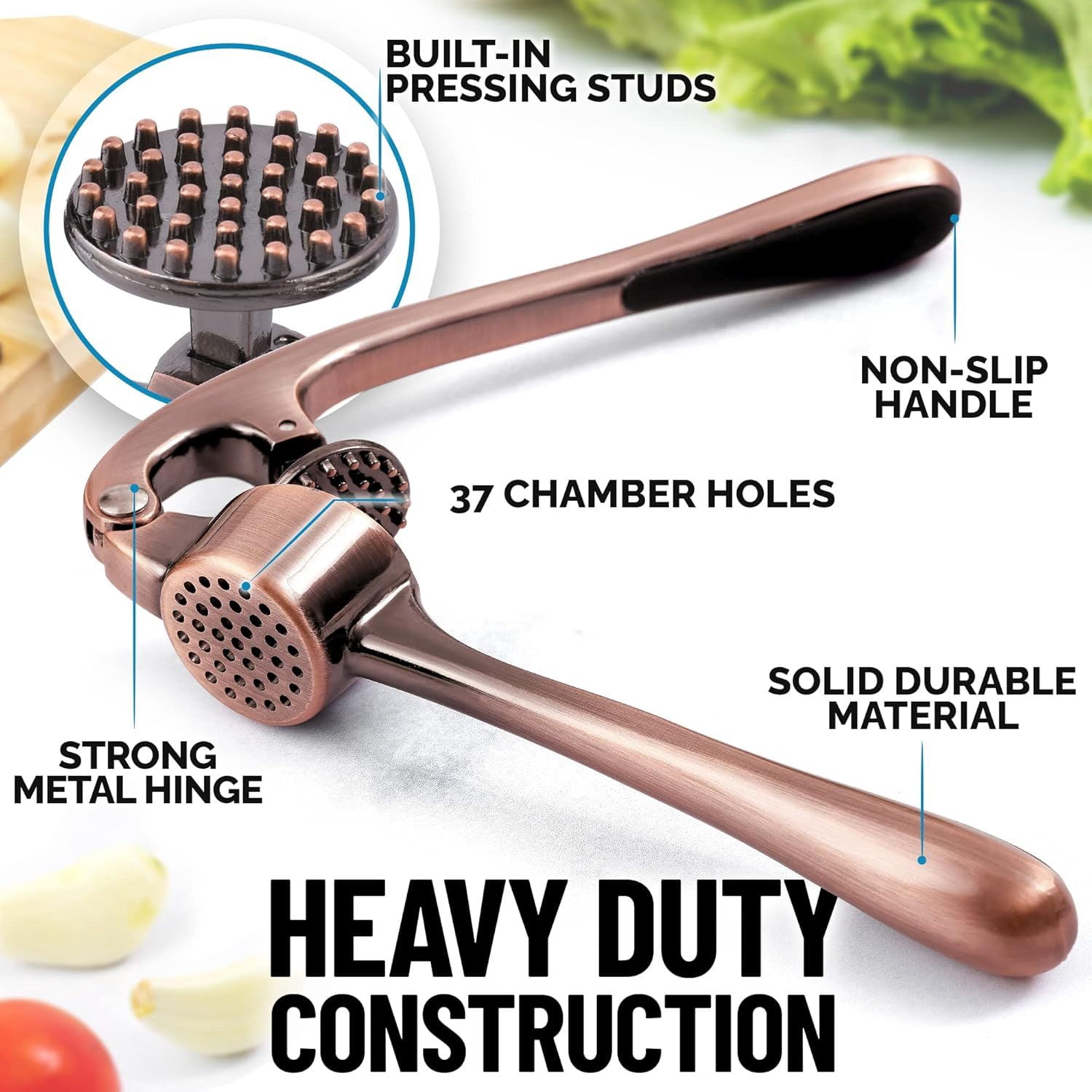 DIANJIE Kitchen Premium Garlic Press Set Rust Proof Professional Garlic Mincer Tool Easy Squeeze Easy Clean Soft Ergonomic Handle Silicone Garlic Peeler Brush Copper