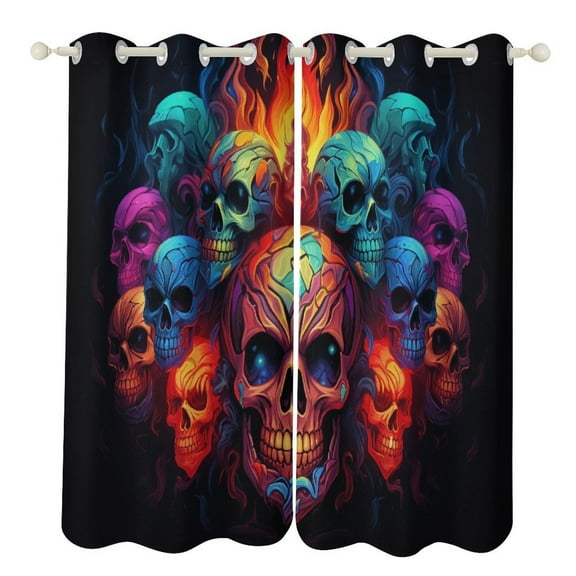 Halloween Colored Skull Curtains Watercolor Theme Window Curtains Grommet Blackout Drapes for Living Room Bedroom