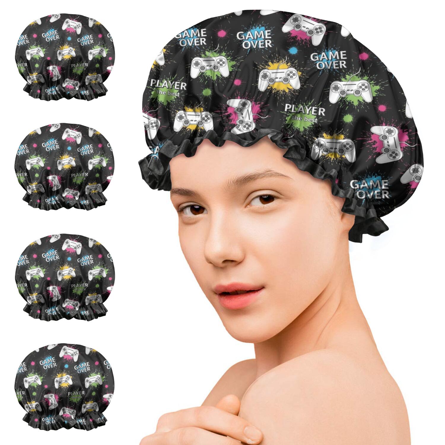 Shower Caps,Neon Controllers Games Icons Black Pattern Waterproof Shower Cap for Women 4 Pieces,Double Reusable Hair Cover for Shower PEVA Elastic Stretch Hem