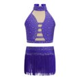 thumbnail image 3 of Haitryli Kids Girls Tassel Dance Outfits Jazz Latin Performance Crop Top with Skirt Set Gymnastics Bodysuit Purple 12, 3 of 5