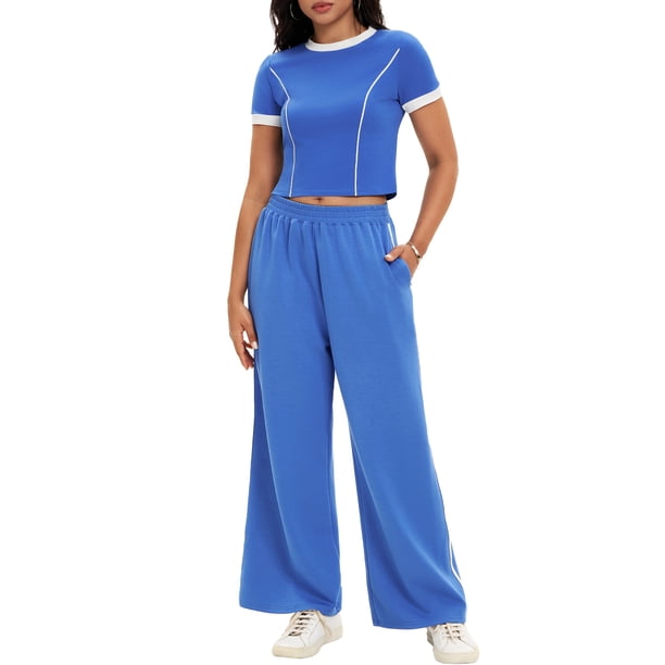 Conjunto de sudadera de dos piezas para mujer ATHLECHIC, con camiseta de manga corta y cuello redondo, pantalones anchos, talla XL, azul real