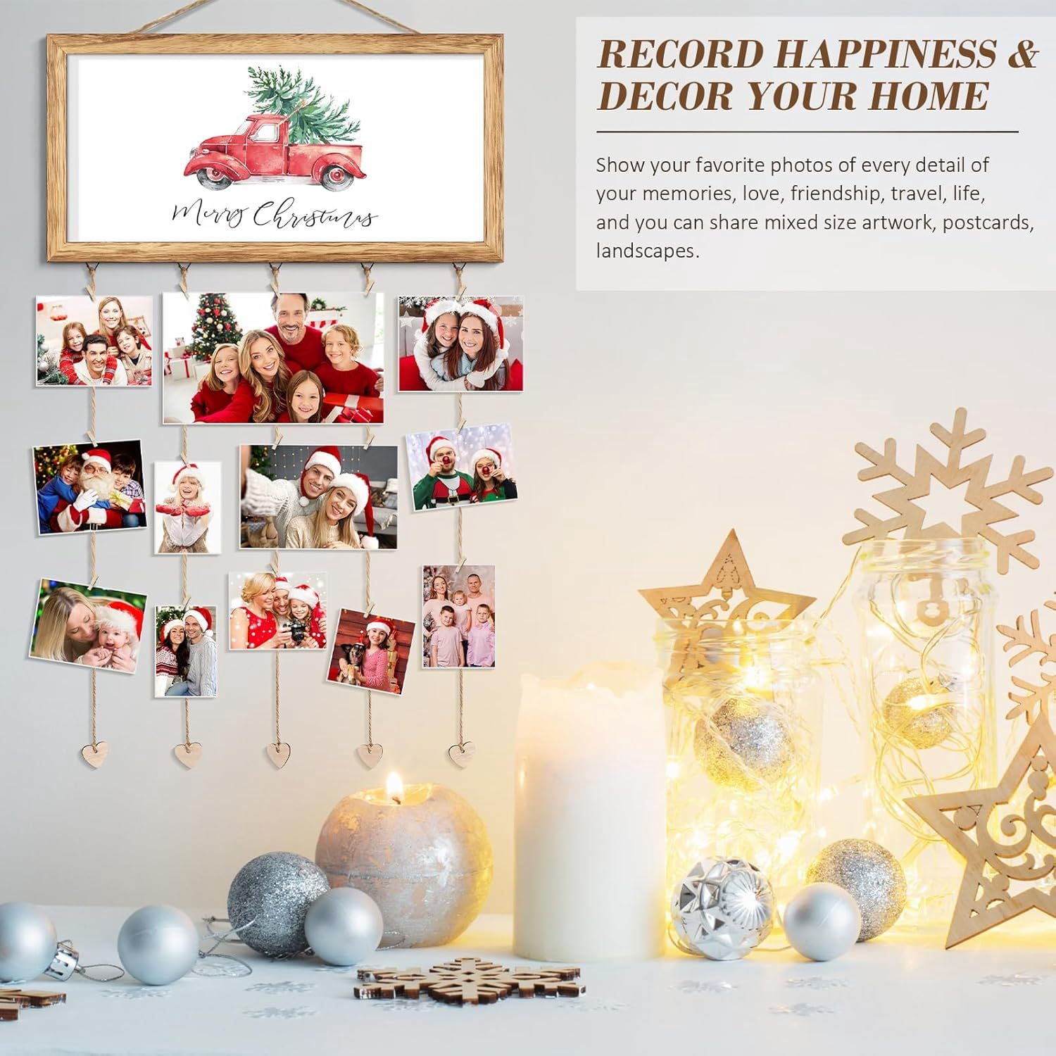 Wooden Family Christmas Card Display, Wall Hanging Sign & Photo Collage Holder for Living Room, Bedroom & Entryway