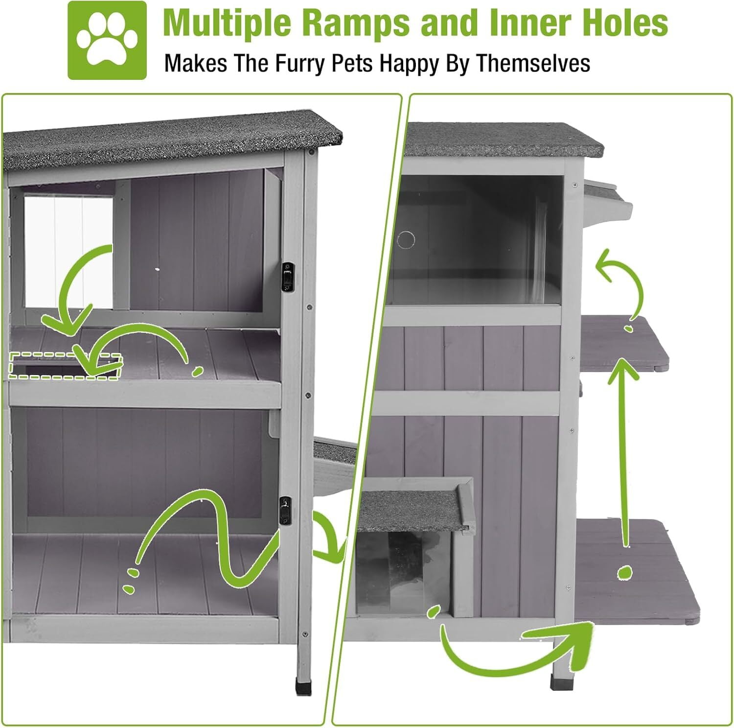 Aivituvin Outdoor Cat House for Winter, 2-Story Wooden Feral Cat Shelter with Waterproof Roof Escape Door and Elevated Base to Keep Multiple Cats Warm
