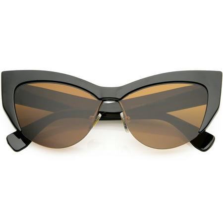 Women's Oversize Semi Rimless Cat Eye Sunglasses Neutral Colored Lens 56mm (Black / Brown)
