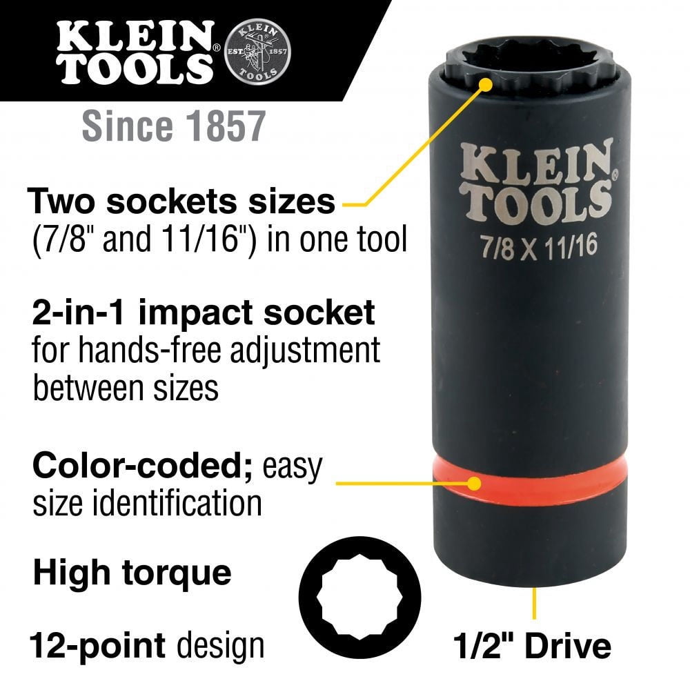 Klein Tools 66014 7/8 in. and 11/16 in. 2-in-1 12-Point Impact Socket