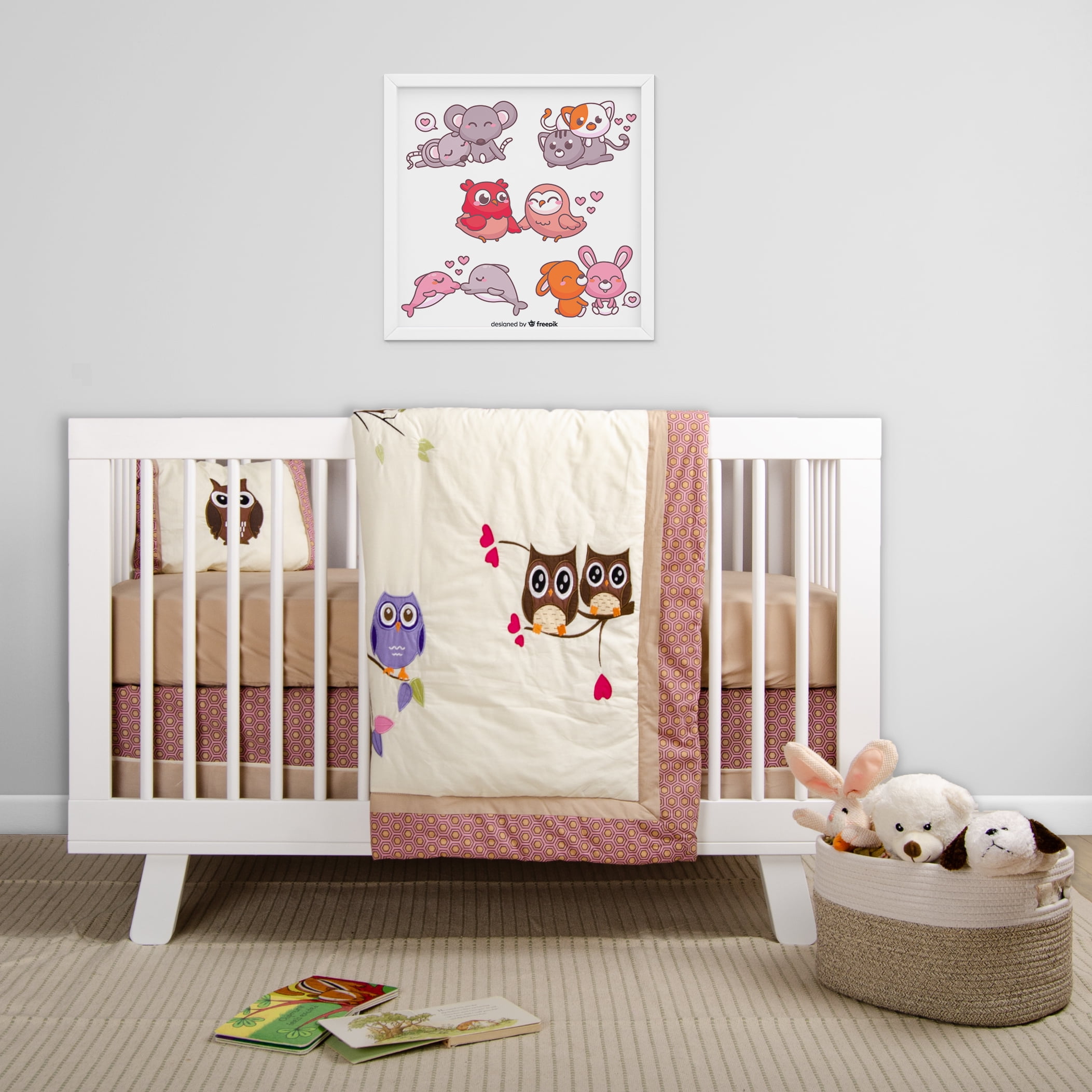 BabyFad Owl Pink 9 Piece Nursery Girl Room Crib Bedding Set