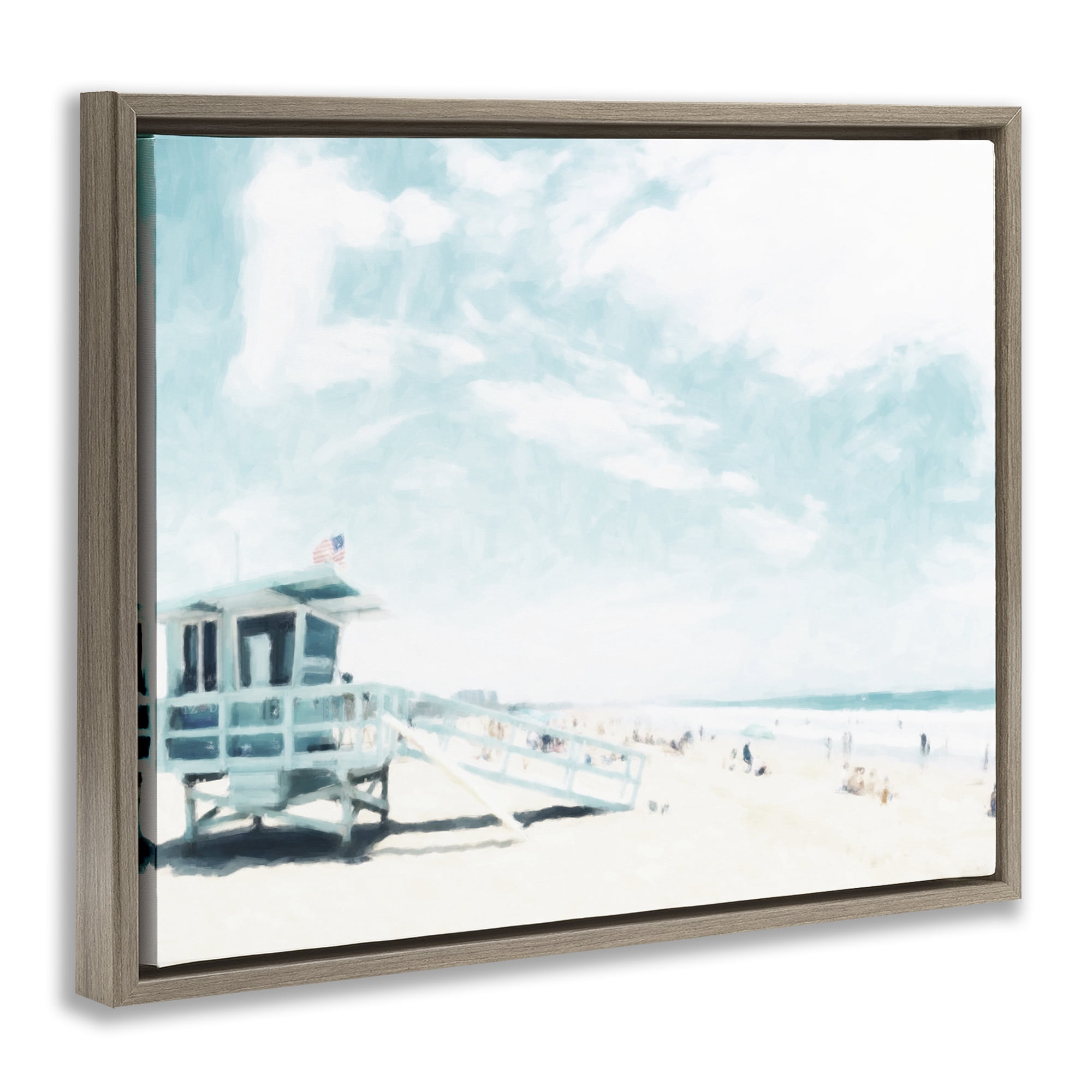Stupell Industries Blue Beach Station Brown Framed Floater Canvas Wall Art, design by Kim Curinga
