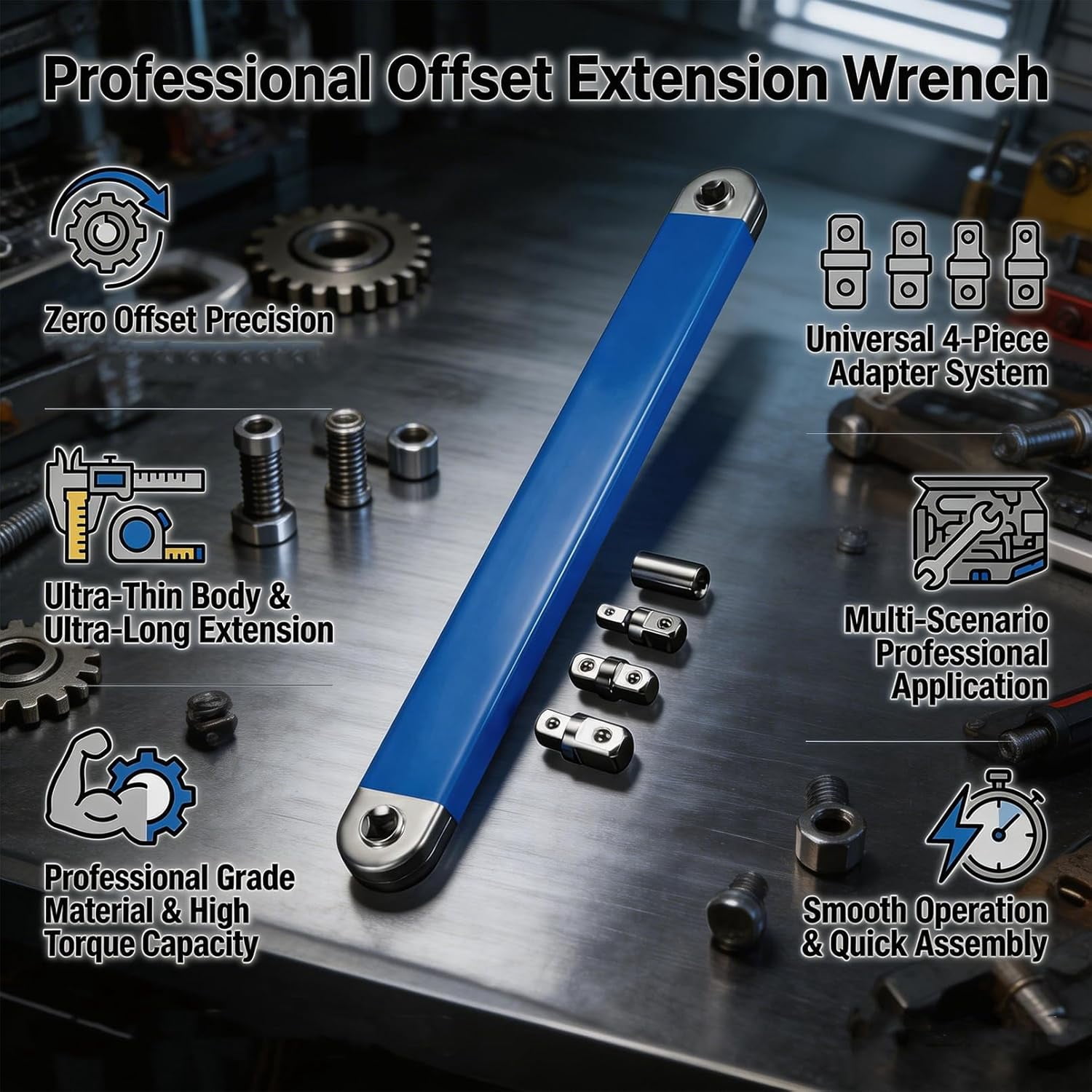 Professional Offset Wrench Extension Set, 15 Inch Long Reach Tool For Tight Spaces, With 1/2, 1/4 And 3/8 Inch Square Drive Adapters, (Long)