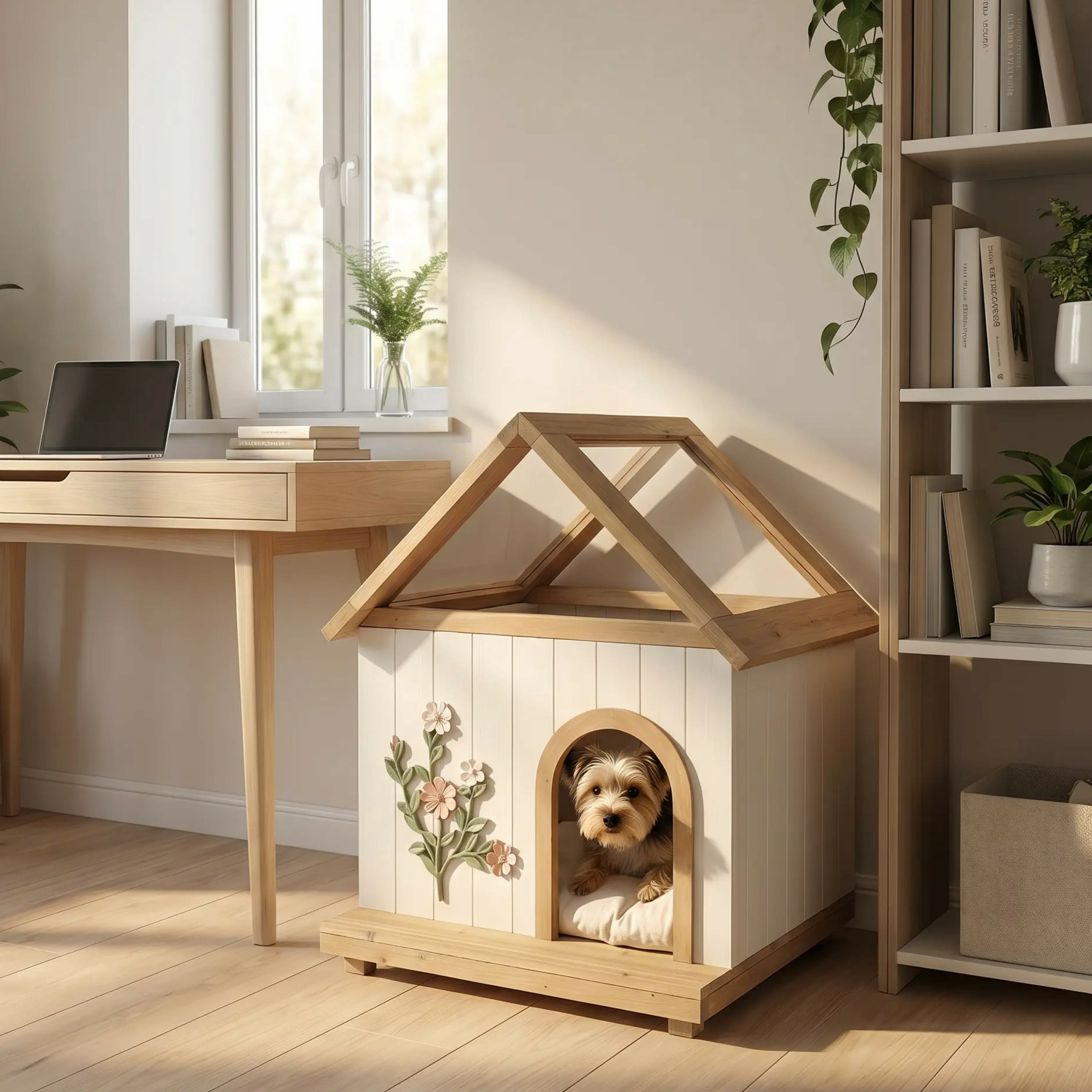 Premium Natural Cedar Pet House – Acrylic Sunroof, Floral Carved Cat Furniture, Luxury Indoor/Semi-Outdoor Dog Shelter for Small Dogs & Cats