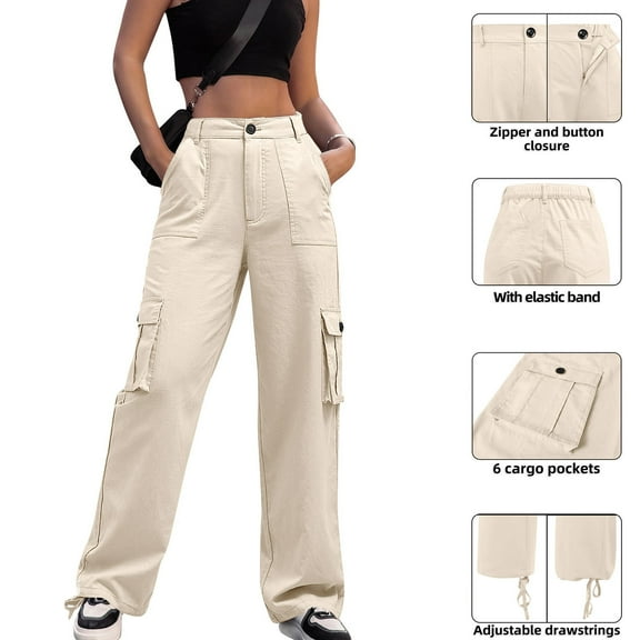 Coorders Women High Waisted Baggy Cargo Pants with Pockets 2025, Womens Casual Stretchy Y2k Streetwear Trousers,Women's Size Beige,Size L