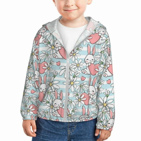 

Qekee Cute Rabbit And Heart Print UPF 50+ Kids Sun-Protective Hooded Long Sleeve Rash Guard for Fishing Water Beach Sports -2 Years