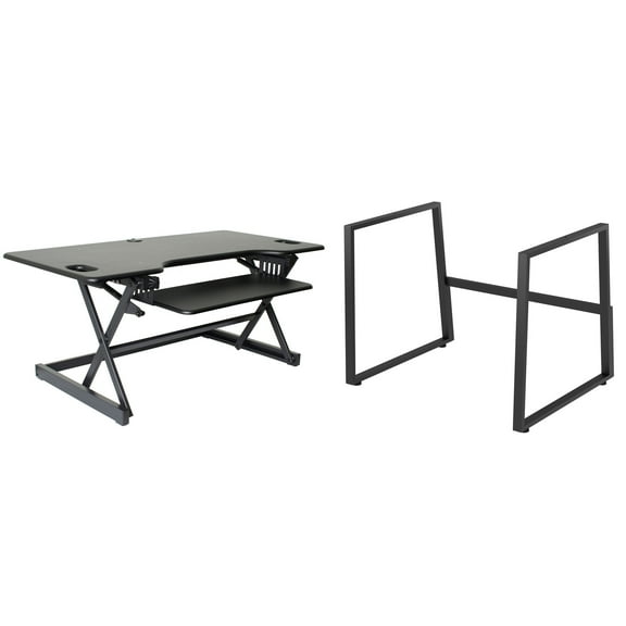 Rocelco 46" Large Height Adjustable Standing Desk BUNDLE | Quick Sit Stand Up Dual Monitor Riser | Gas Spring Assist Computer Workstation | Retractable Keyboard Tray | Black (R DADRB-46-FS)