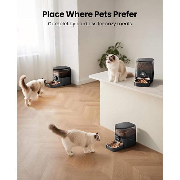 Cordless WiFi Automatic Cat Feeder, 3L/12 Cup Rechargeable Pet Food Dispenser with 100-Day Battery, Smart App Control, Timed Feeding for Cats & Small Dogs (Black)