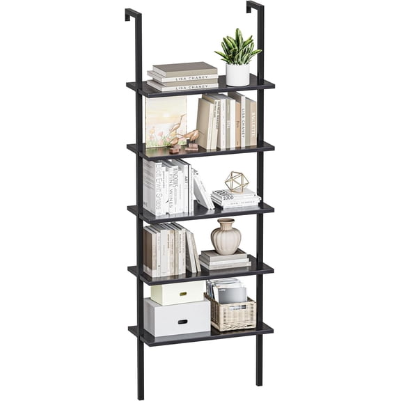 HarmonyStrings 5-Tier Bookshelf, Wall Mount Ladder Shelf with Wood Board and Industrial Metal Frame, for Home Office, Living Room, Bedroom, Entryway and Hallway, (1, Black)