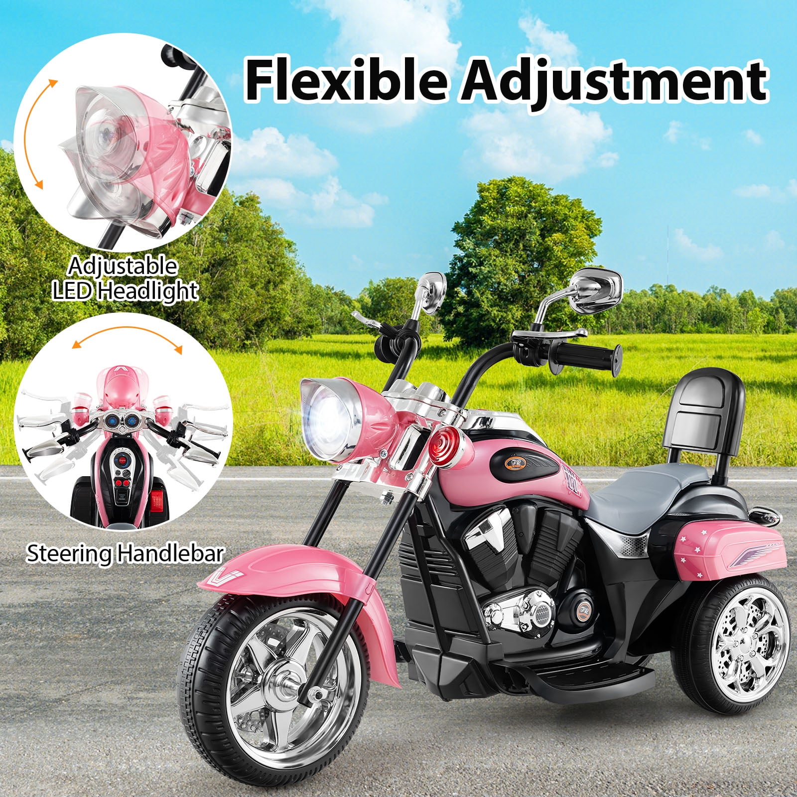 Gymax 6V Electric Kids Motorcycle 3-Wheel Ride On Toy w/ Adjustable Headlight Pink