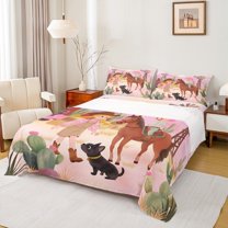 Manfei Cute Cowboy Cowgirl Queen Sheet Sets,Rustic Western Farmhouse Flat Sheet,Tropical Botanical Cactus Queen Fitted Sheet For Boys Girls,Luxury Bedroom Decor,4-Piece