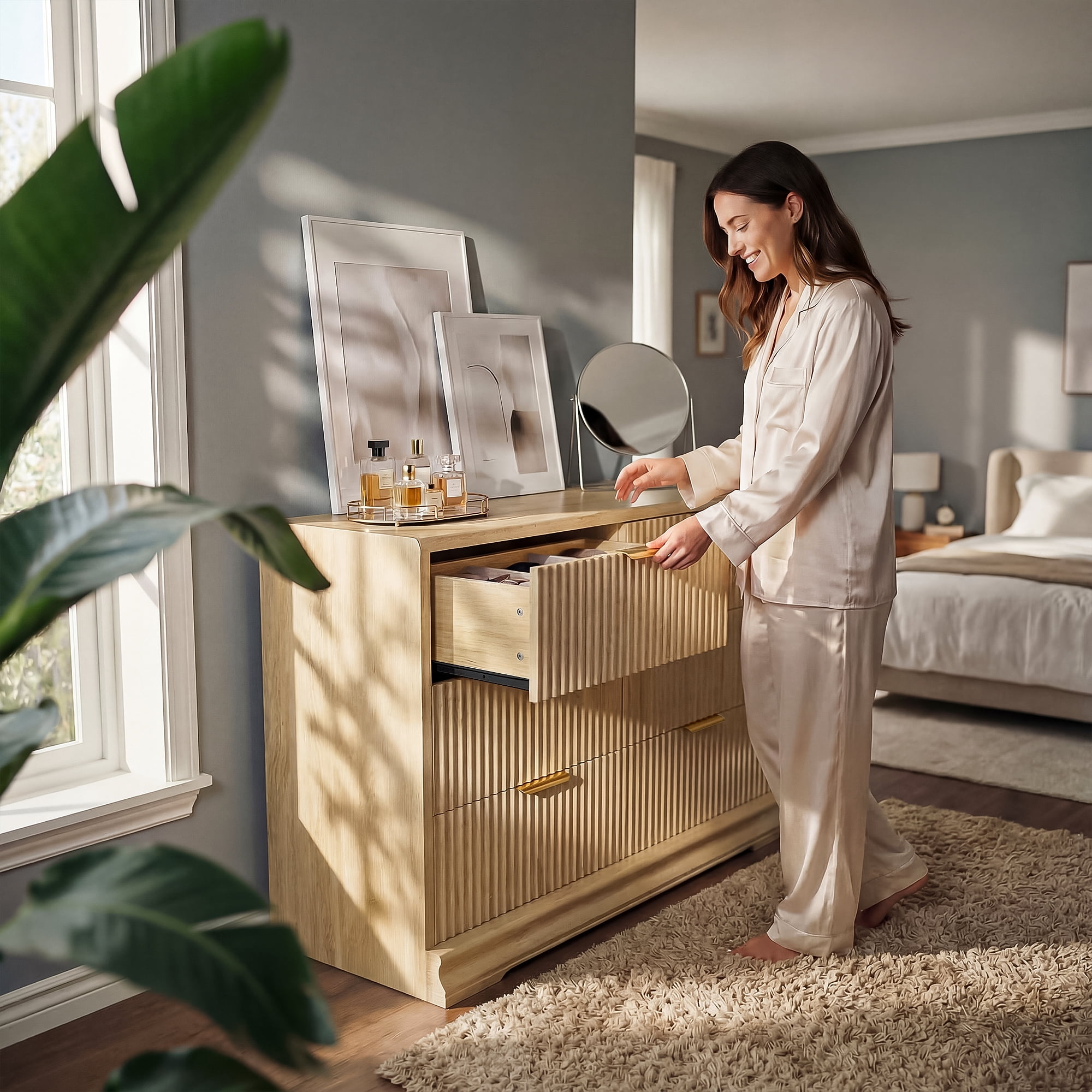 Homall Fluted 6 Drawers Dresser for Bedroom, 48" Modern Chest of Drawers with Metal Handle, Wood Closet Storage Organizer for Living Room, Natural